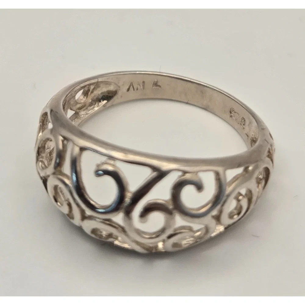 Sterling Silver 925 Filigree Scroll Band Ring Sz 7.25 Romantic Boho Minimalist